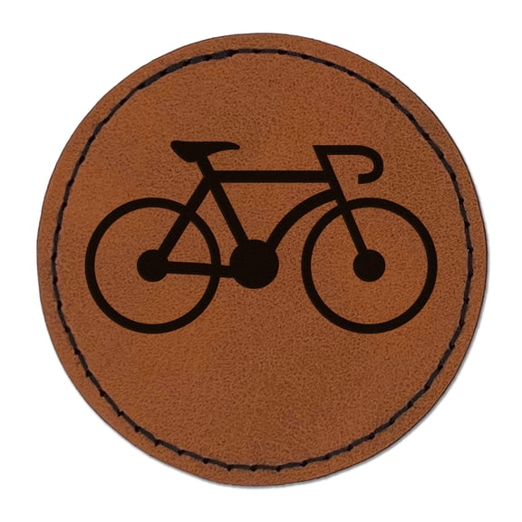 Racing Bike Bicycle Cyclist Cycling 2.5" Faux Leather Round Engraved Iron-On Patch - Brown