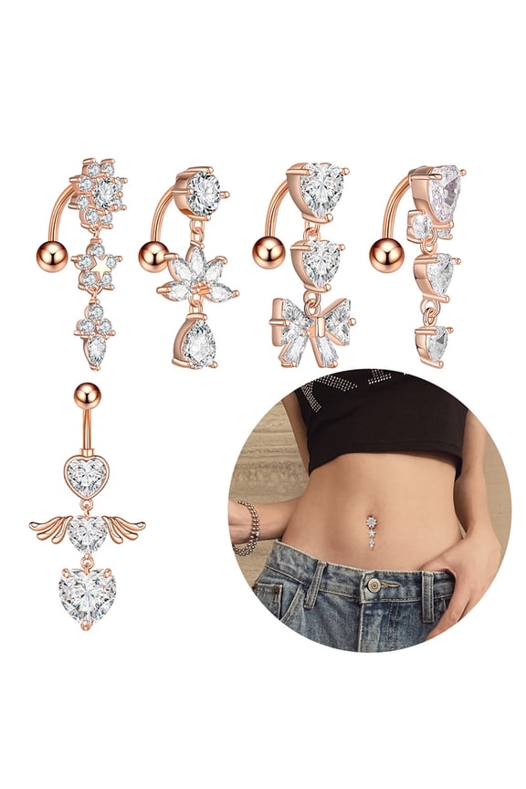 1Pcs Reverse Dangel Belly Button Piercing Heart with Wings Flower Navel Ring