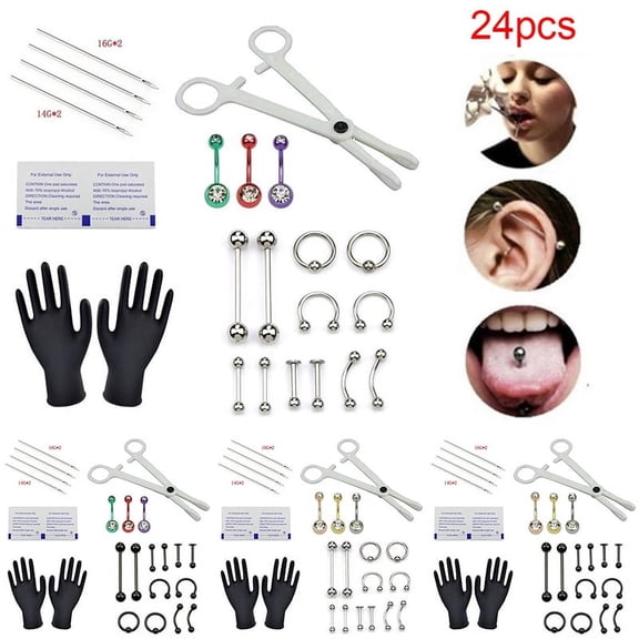 Racing Butterfly 24pcs Professional Body Piercing Tool Kit Ear Nose Navel Nipple Needles Set