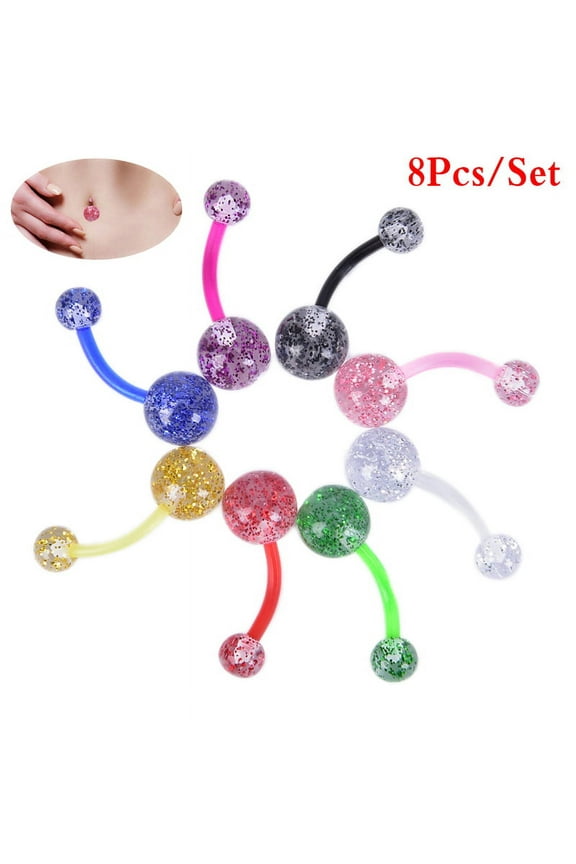 8PCS Mix Acrylic Glitters Belly Button Navel Ring Barbell Body Piercing Jewelry