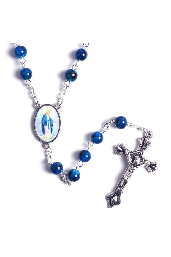Catholic Rosary Small Size Round Blue Glass Beads Virgin Mary Jesus Necklace