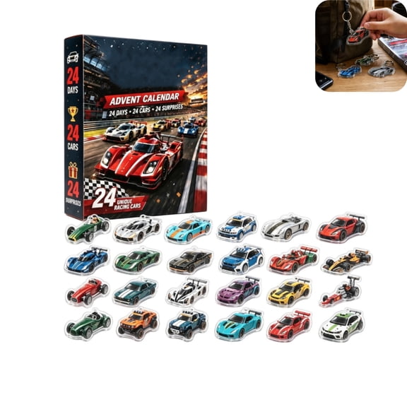 Racing Car Advent Calendar, 24 Days of Acrylic Race Car Ornaments, Christmas Countdown Blind Box for Car Fans