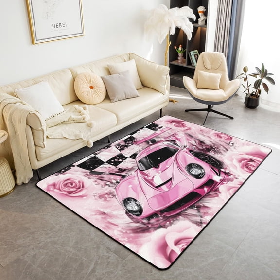 Racing Car Area Rug , Pink Flower Rose Non Slip Rug For Kids Teen Boys Women Men,Romantic Speed Game Indoor Floor Mat For Dining Room Backyard Decor 1x2ft