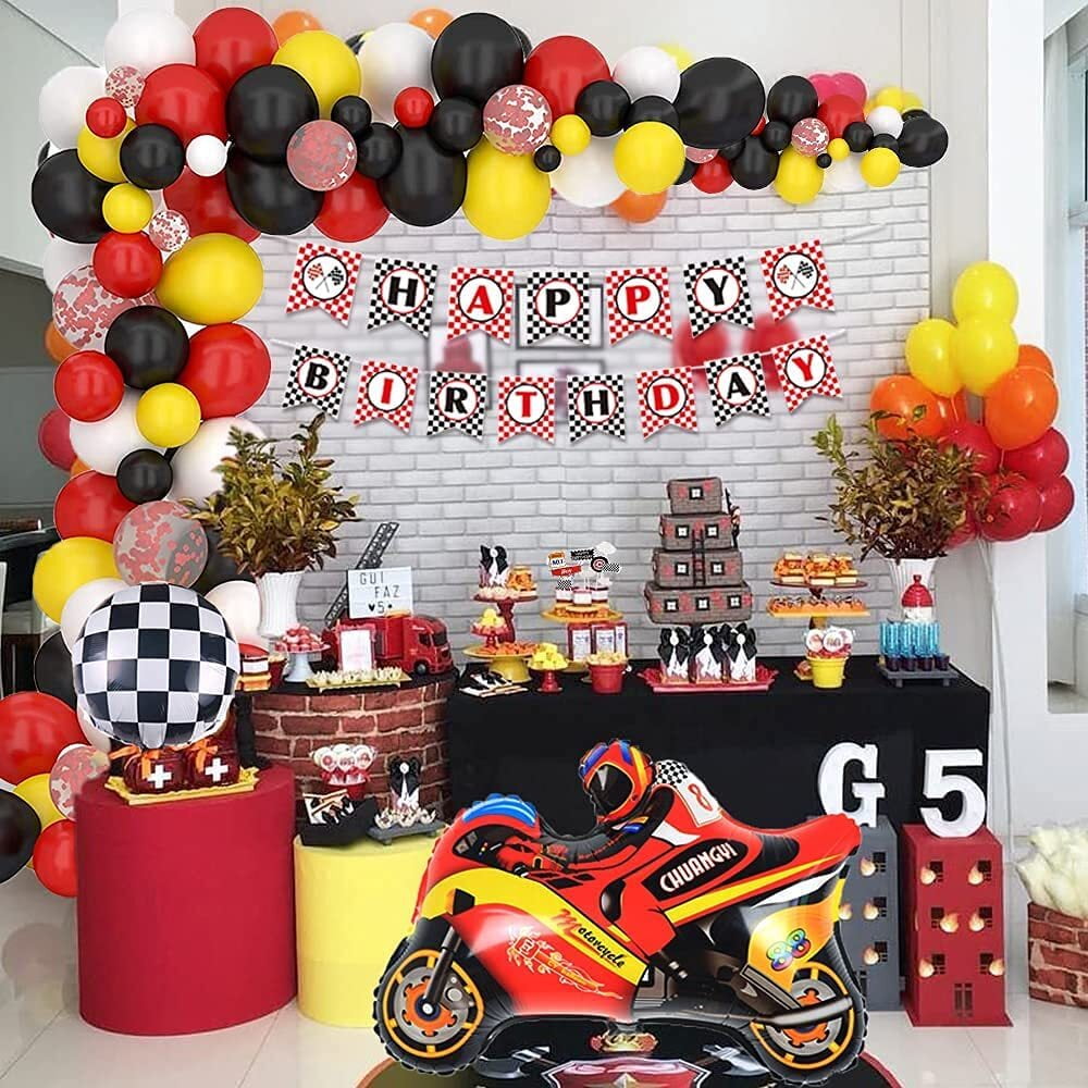 Racing Car Balloon Garland Kit, Yellow Black Red Balloon Arch with Checkered Flags Banner Checkered Balloons Confetti Balloons for Let's Go Racing Motorcycle Birthday Decorations