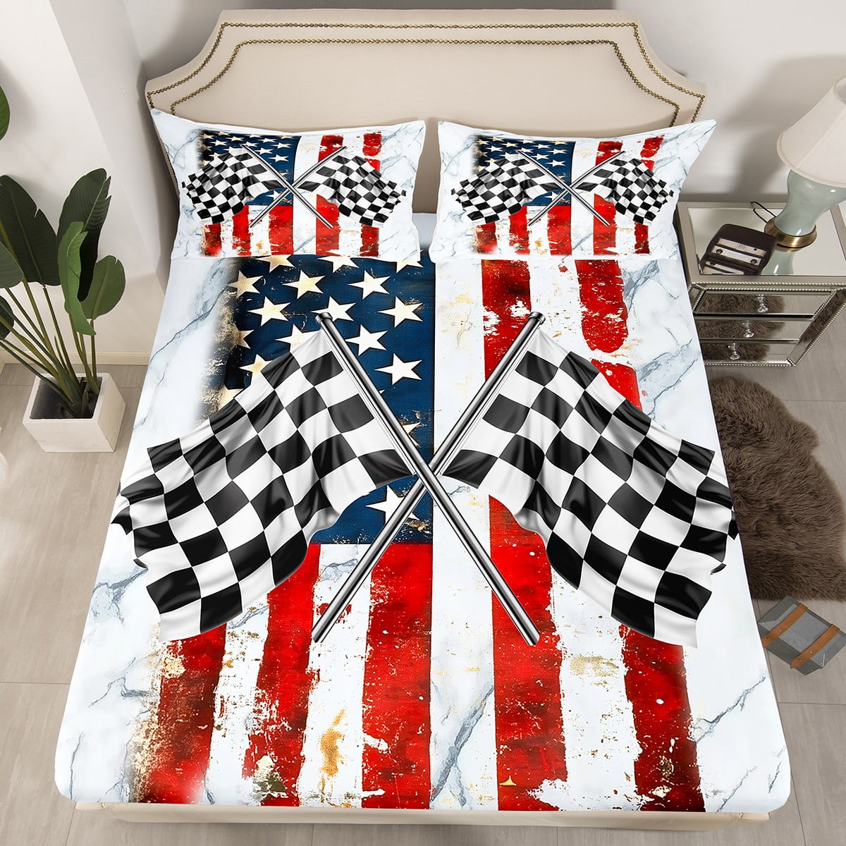 Racing Car Bed Cover(1 Fitted Sheet+1 Pillow Case),Vintage American ...