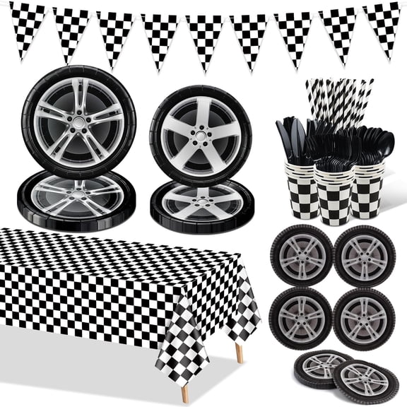 Racing Car Birthday Party Decorations, Car Wheel Party Supplies, Plates, Tire Napkins, Black Checkered Tablecloth, Cups, Cutlery for Kids' Racing Sports Themed Birthday Party, Serves 20