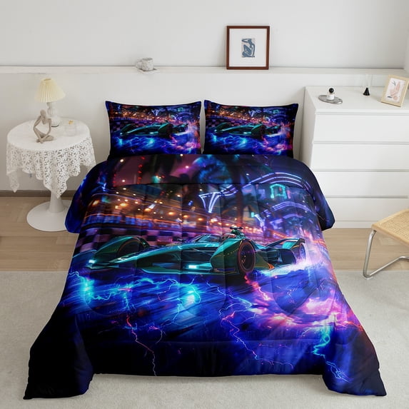 Racing Car Comforter Set Teens Extreme Sports Themed Bedding King Size Blue Lightning Decor Bedding Comforter Sets Sports Car Print Duvet Insert Geometry Stripes Decor Quilt