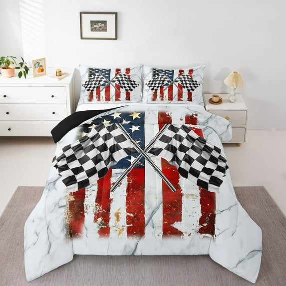Racing Car Comforter Set,Vintage American Flag White Marble Graffiti Bedding Set All Season,Extreme Sports Checker Grids Flags Comforter 2 Pcs with 1 Pillowcase,