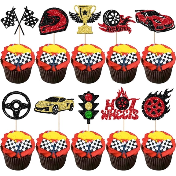 Racing Car Cupcake Toppers, Glitter Checkered Flag, Helmet, Trophy, Traffic Light Picks, Racing Theme Birthday Party Decorations, 10 Pack