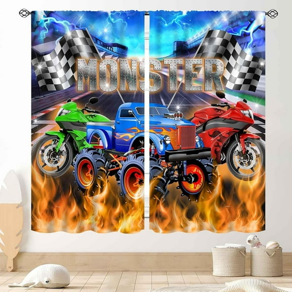 Racing Car Curtains, Cool Monster Cartoon Truck Buring Flame Colorful Race Stadium Blackout Window Drapery Treatments for Boys Kids Baby Bedroom Living Room Playroom Nursery 2 Panel Set, 52"x84" Inch