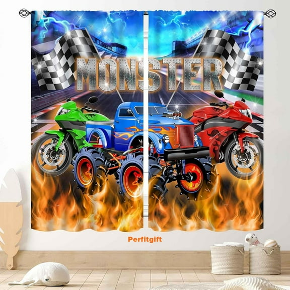 Racing Car Curtains, Cool Monster Cartoon Truck Buring Flame Colorful Race Stadium Blackout Window Drapery Treatments for Boys Kids Baby Bedroom Living Room Playroom Nursery 2 Panel Set, 42"x63" Inch