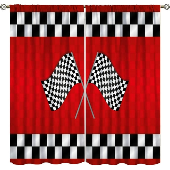 Racing Car Kids Curtains, Boys Construction Vehicles Window Treatments for Boys Bedroom,Red Racing Flag Drapes 26"W x 45"L (Pack of 2)