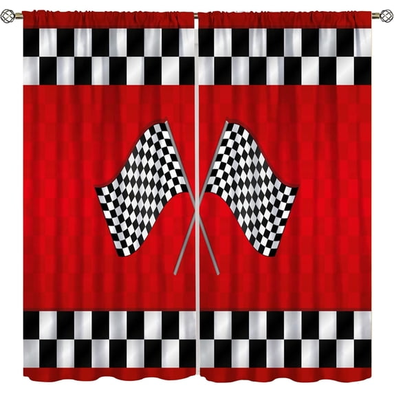 Racing Car Kids Curtains, Boys Construction Vehicles Window Treatments for Boys Bedroom,Red Racing Flag Drapes 26"W x 54"L (Pack of 2)