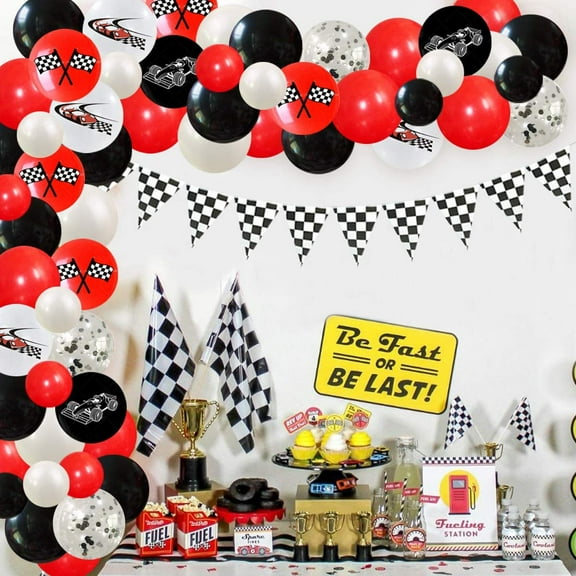 Joymemo Racing Car Party Kit, 15 Checkered Balloons, Red & Black