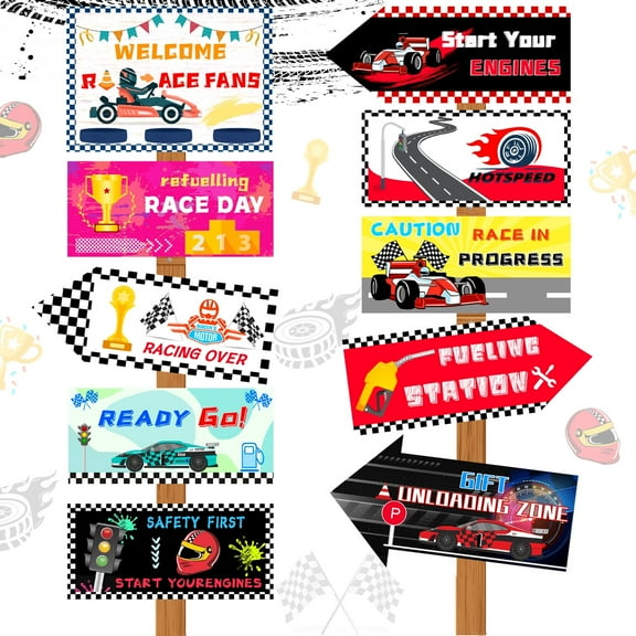 Racing Car Party Signs,10pcs Race Car Birthday Party Decorations Signs Set- Race Car Birthday Signs,Racing Party Street Sign & Race Car Party Traffic Signs etc Race Car Themed Party Decorations Signs