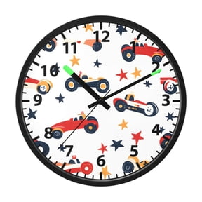 Racing Car Pattern Wall Clock 12 Inch Voice Activated Night Light Silent Non Ticking