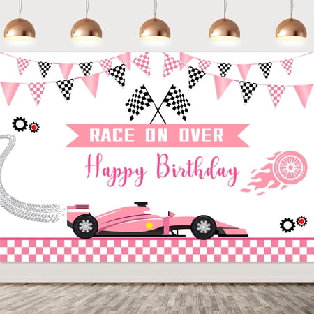 Racing Car RACE ON OVER Birthday Party Decorations for Girls, Pink Race Car Backdrop with Happy Birthday Race Flag Pattern Photography Background Photo Props for Girls Birthday Supplies