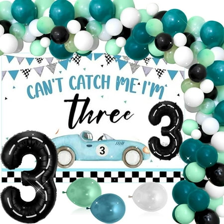 Racing Car Racing 3rd Birthday Party Decor Set - Race Track Flag Background Cloth + 30-Inch 3D "3" Balloon + Four-Color Latex Balloon Set