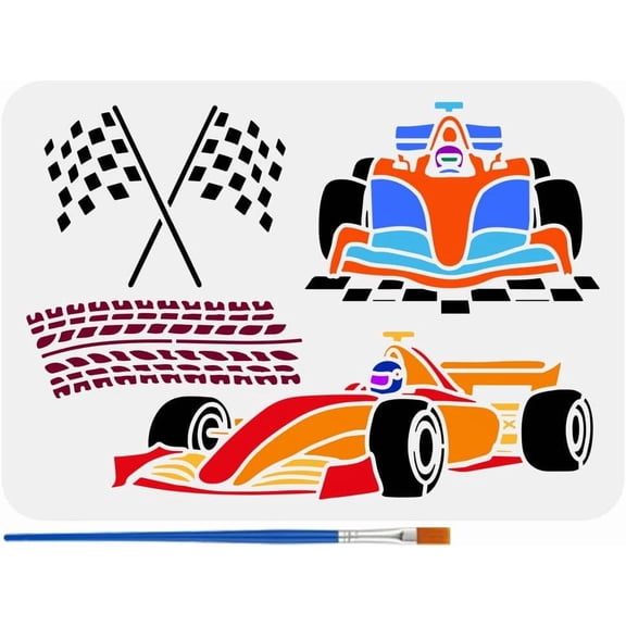 Racing Car Stencil with a Paint Brush 8.3x11.7inch for DIYmula Racing Car Large Stencil Racing Flag Painting Stencil Tire Tracks Stencil Transportation Drawing Stencil for DIY Wall Tiles Floor
