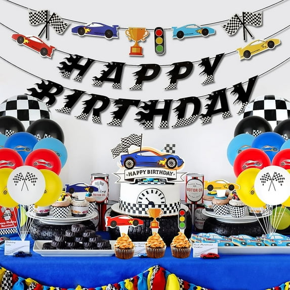 Racing Car Theme Birthday Party Supplies Set with Car Balloons, Happy Birthday Banners, Cake Toppers
