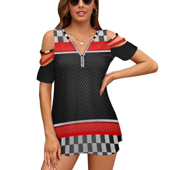 Racing Car Theme Womens Summer V Neck Zipper Top Short Sleeve T Shirt Off Shoulder Top Casual Classy Loose Shirts