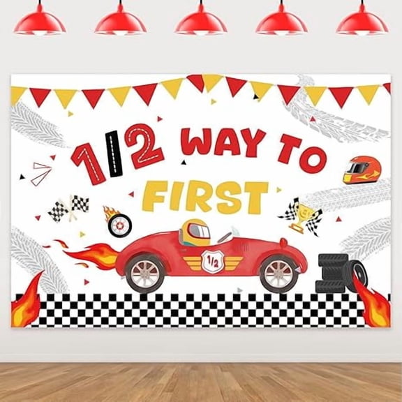 Racing Car Themed 1/2 Way to First Backdrop Vintage Car Themed Half Birthday Party Decorations Red Yellow Car Racing 1/2 Birthday Checkerboard Backdrop for Boys 6 Months Birthday Party Supplies 5x3ft