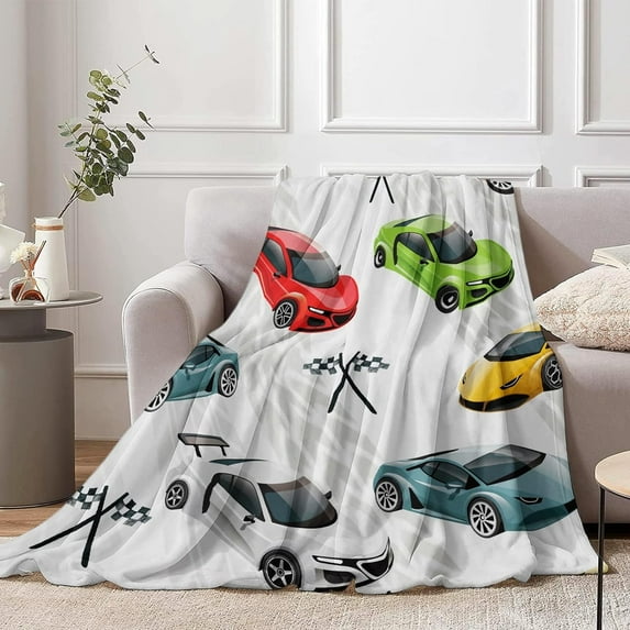 Racing Car Throw Blanket for Boys, Cozy Race Sport Car Fuzzy Flannel Blanket with Race Checkered Flag for Kids, 40 x 50 Inch Soft Warm Multicolor Cars Plush Blanket Gift for Toddler Sofa Couch Decor