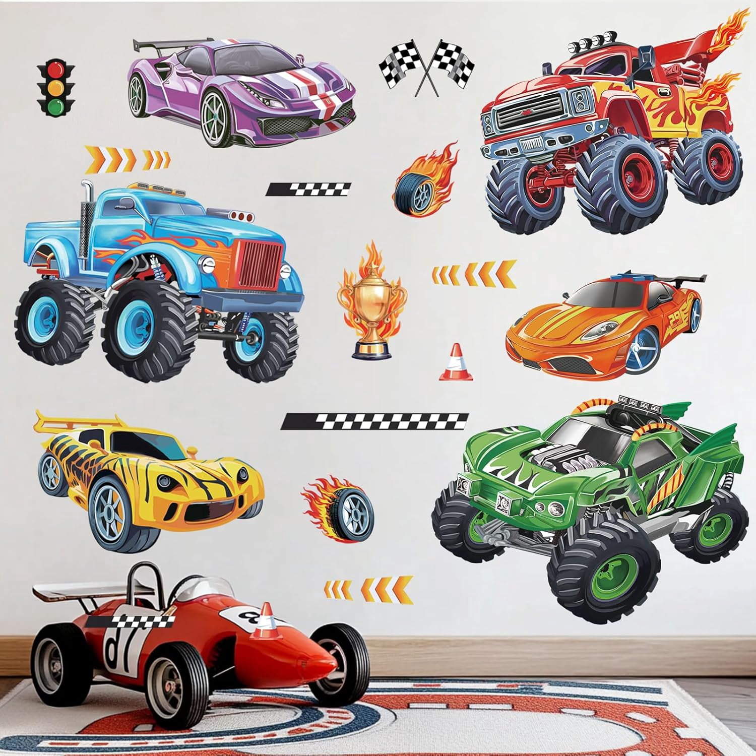 Racing Car Wall Stickers Trucks Vehicles Roads Peel and Stick Wall Art ...
