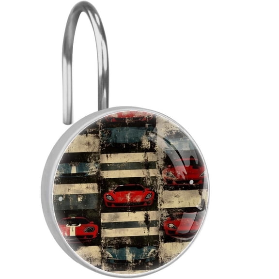 Racing Cars on Grunge Stripes Shower Curtain Hooks Round Crystal Glass, Set of 12 Shower Curtain Rings - Shower Hooks for Curtain Shower Rings