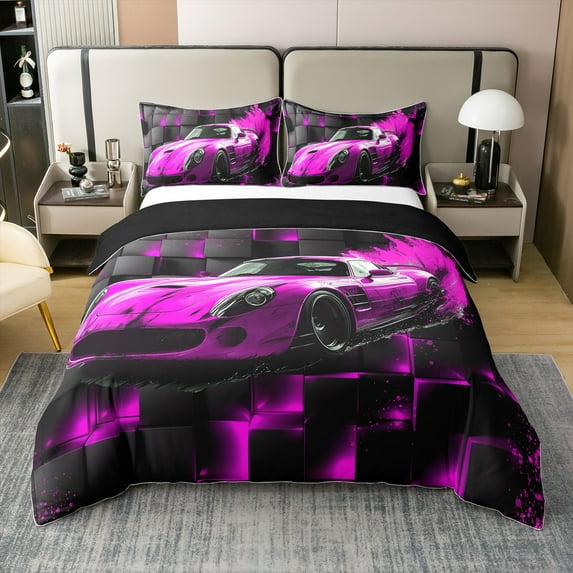 Racing Cotton Duvet Cover King, Men Pink Car Soft Bedding Set,Cool Speed Luxury Car Comforter Cover Bedding 3 Pieces (No Comforter),3D Square Cubes Quilt Cover,2 Pillowcases