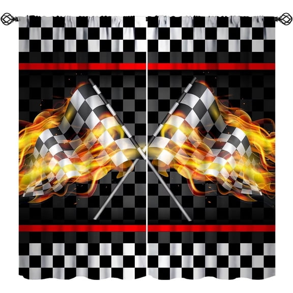 Racing Flag Curtains Cool Racing Car Black White Checkered Flag Fire Flame Art Print for Kids Boys Bedroom Living Room Rod Pocket Decoration Window Drapes 2 Panels W42xL54in