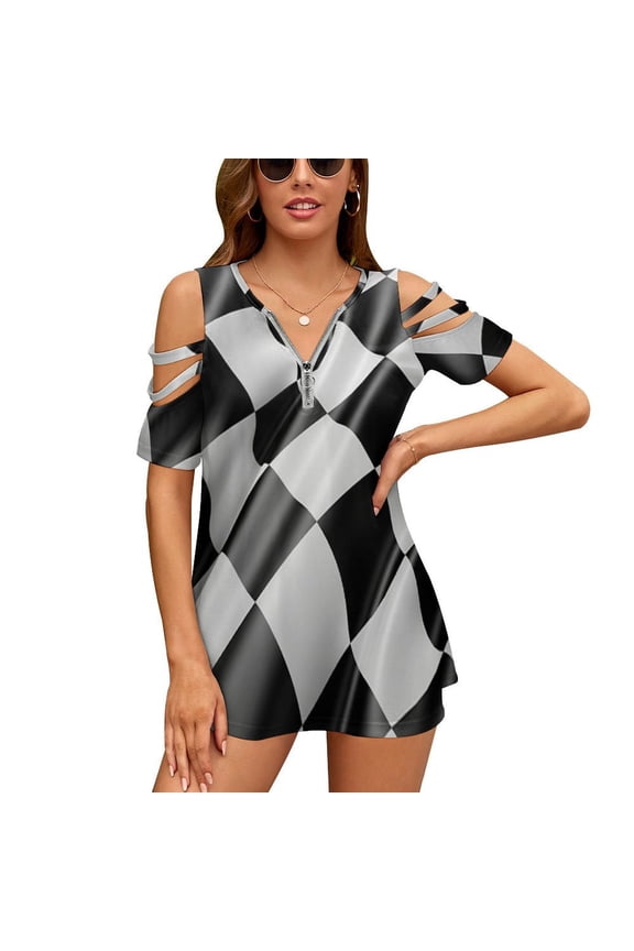 Racing Flag Womens Summer V Neck Zipper Top Short Sleeve T Shirt Off Shoulder Top Casual Classy Loose Shirts