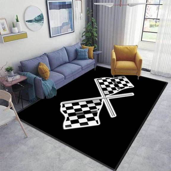 Racing Formula Black and White Check Flag Area Rug, Motorsport Video Games Living Room Rugs, Machine Washable Durable Carpet for Bedroom Dining Room 5x7ft