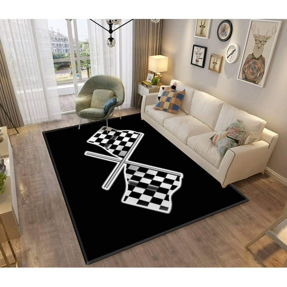 Racing Formula Black White Check Flag Area Rugs Motorsport Video Games Rug Washable Carpet Boys Girls Playing Room Living 4x6 Non-slip Soft Living Room Bedroom Home Decor Modern