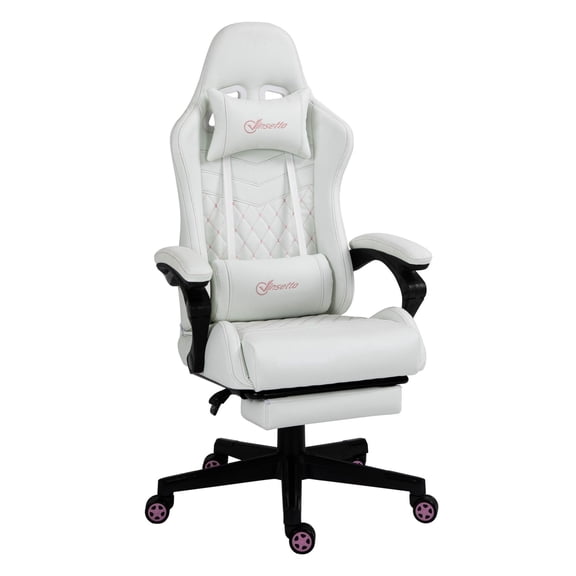 Racing Gaming Chair White PU Leather Swivel Wheel Retractable Footrest