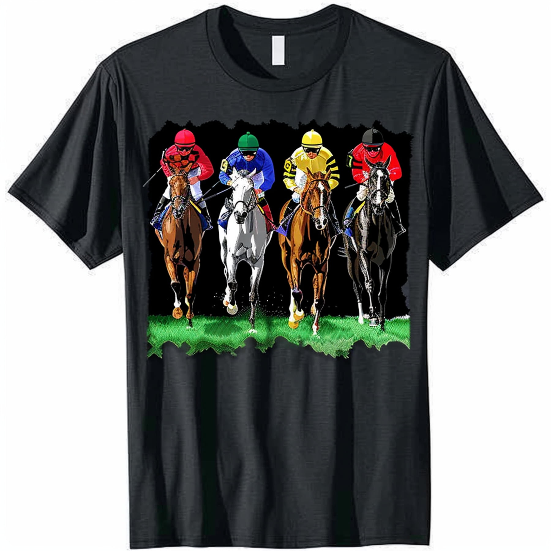 Racing Horses T Shirt: Vibrant jockeys and horses on a grassy field ...