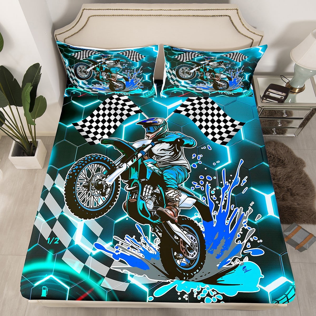 Racing Motorcycle Fitted Sheet Twin,Teal Neon Lights Honeycomb Bed ...