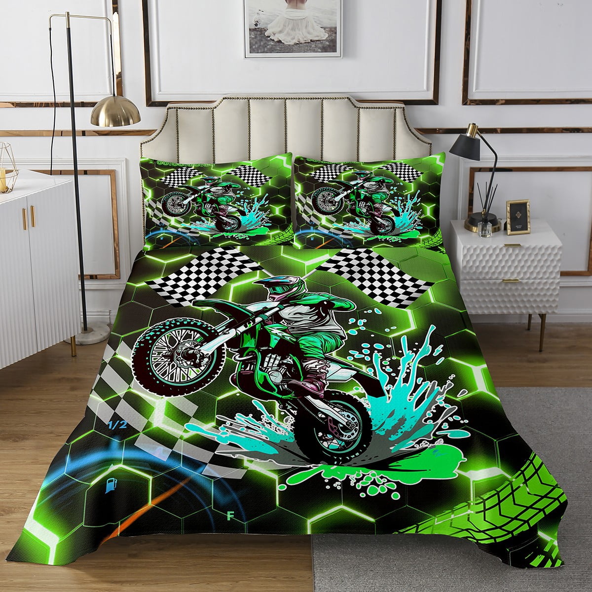 Twin Size Motocross Comforter Set - 2 Piece Bedding With Pillowcase, Soft Microfiber, Green & Orange Bike Design