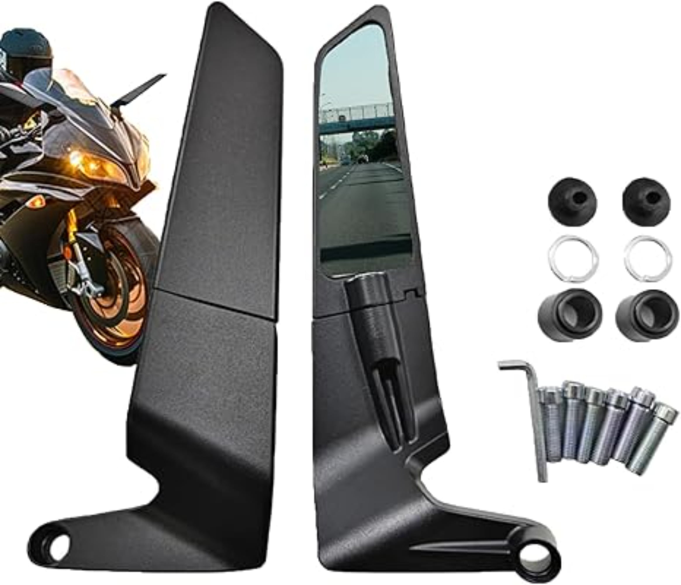 Racing Motorcycle Rearview Mirrors, Adjustable 360° Rotating Mirrors, Compatible with Honda CBR/Kawasaki Ninja/Suzuki GSXR/Yamaha/Ducati – Aerodynamic Wing-Style Aluminum Alloy Rear View Mirrors