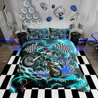 Racing Motorcycle Comforter Set ,Teal Neon Lights Honeycomb Bedding Set Dirt Bike Motocross Quilt Moto Extreme Sports Duvet Insert,Black White Lattice Buffalo Plaid Decor