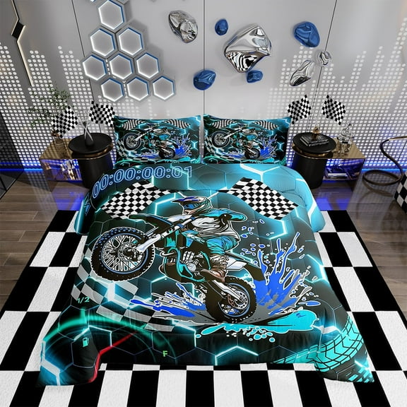Racing Motorcycle Comforter Set ,Teal Neon Lights Honeycomb Bedding Set Dirt Bike Motocross Quilt Moto Extreme Sports Duvet Insert,Black White Lattice Buffalo Plaid Decor