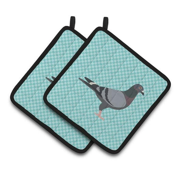 Racing Pigeon Blue Check Pair of Pot Holders - Blue