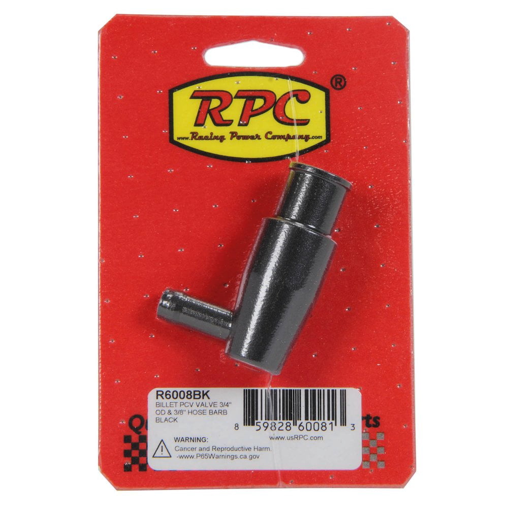Racing Power Co-Packaged Billet PCV Valve 3/4in OD 3/8in Hose Barb Black