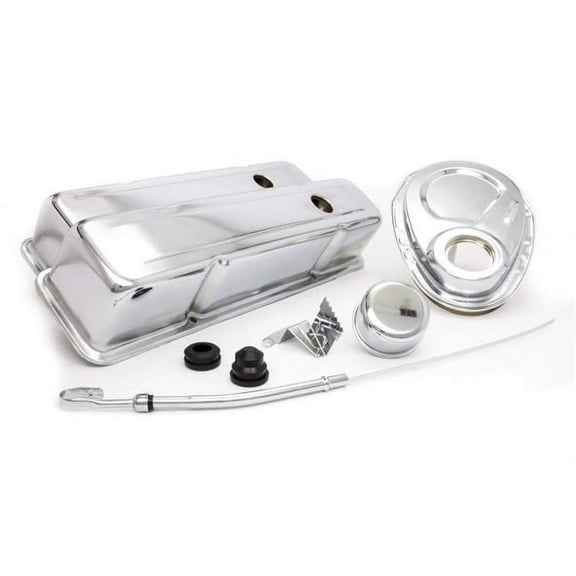 Racing Power RPCR3024 Tall Valve Covers-Breather-Dipstick-Grommets-Timing Cover-Timing Tab Engine Dress Up Kit Steel Chrome Small Block Chevy - Kit