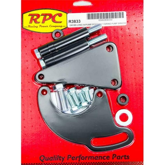 Racing Power RPCR3833 Driver Side Power Steering Pump Bracket Block Mount Steel Black Paint - Water Pump - Big Block Chevy - Kit