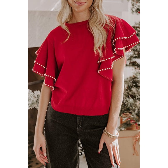 I AM A FASHION JUNKY Racing Red Pearl Embellished Double Ruffle Short Sleeve Sweater