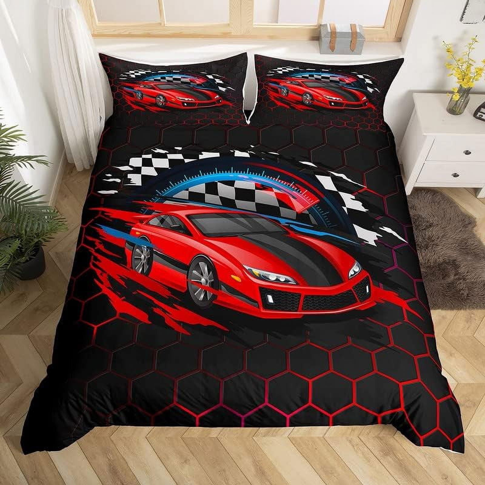 Racing Sports Car Comforter Covet,Red Black Geometry Duvet