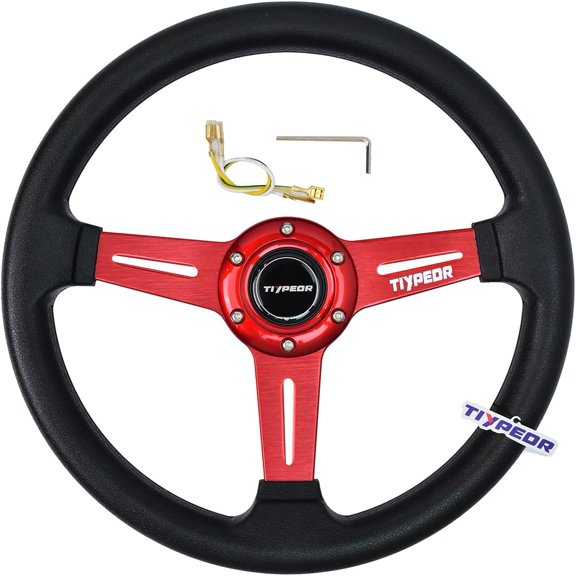 Racing Steering Wheel 13" 330mm, 6 Bolt JDM Car Accessory with Red Grooved Spoke Bracket and Horn Button, for Racing Simulators, Rally, and Modified Cars,Golf Cart