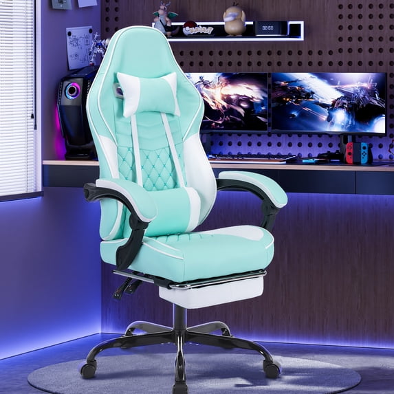 Racing Style Gaming Chair with Massage Lumbar Support and Footrest - Ergonomic Computer Chair Adjustable Headrest for Adults, Green