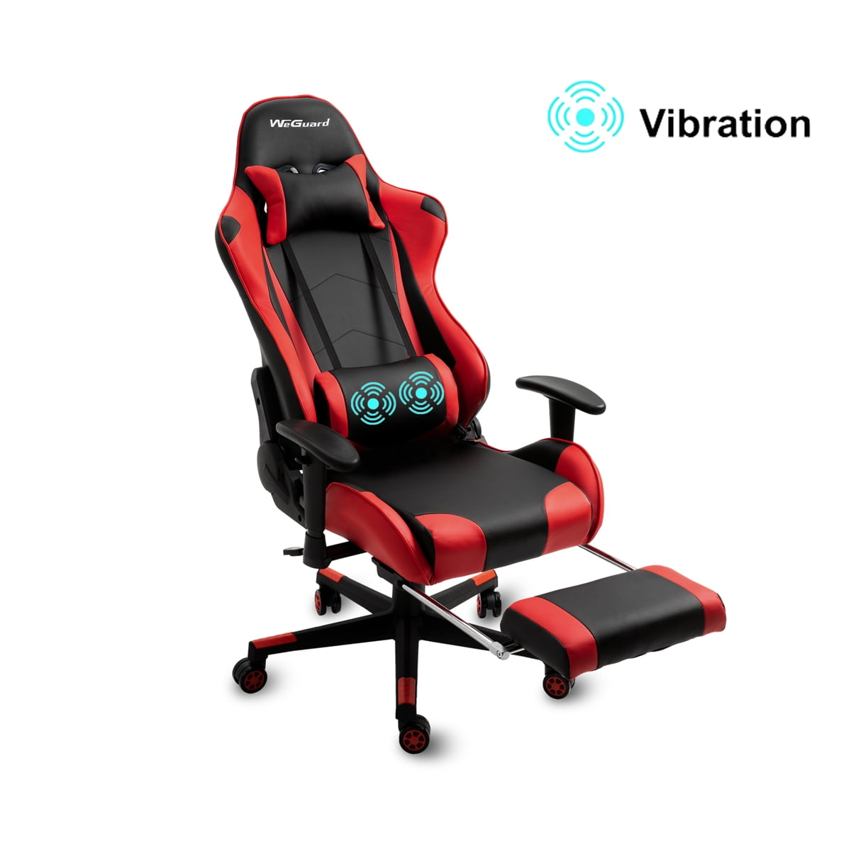 PU Leather Gaming Chair with USB Massage Lumbar Pillow and Footrest, Red